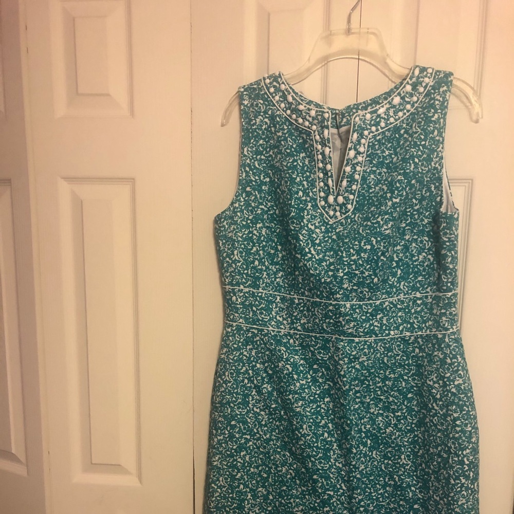 Tahari Blue ,white dress with white beads , Sz 12